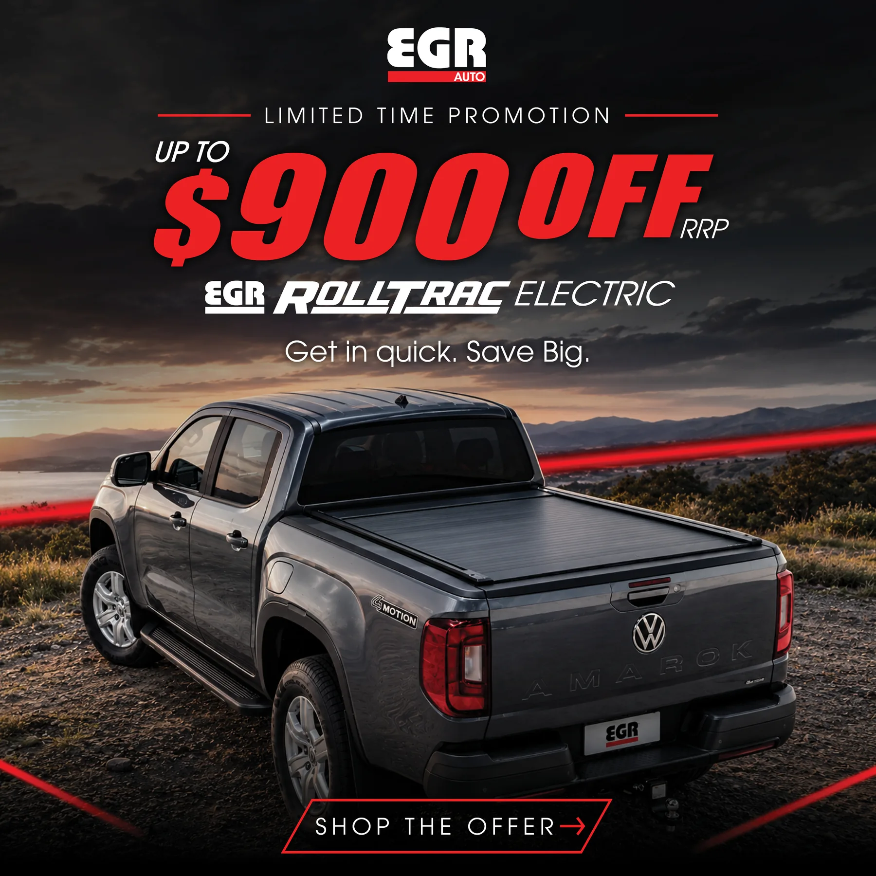 Limited time promotion: up to $900 off RRP on EGR RollTrac Electric roller tonneau covers, shown on a grey Volkswagen Amarok at sunset