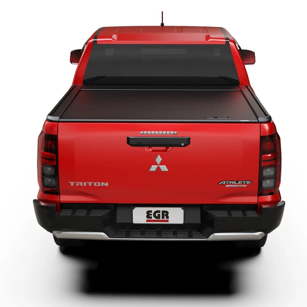 Straight rear view of a Mitsubishi Triton MQ/MR with the EGR Auto RollTrac Manual Roller Cover closed