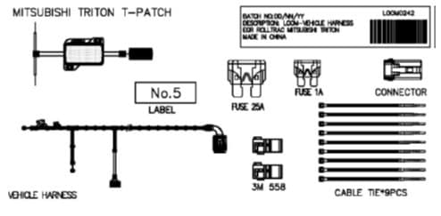 Genuine EGR vehicle loom kit for Mitsubishi Triton MQ and MR 2015-onwards RollTrac, showing wiring harness, T-patch connector, fuses, control connectors, and cable ties for electric installation