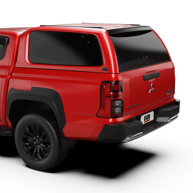 Rear three-quarter view of Mitsubishi Triton MV 2024 fitted with EGR Gen3 canopy, showcasing seamless factory-style finish and integrated rear door